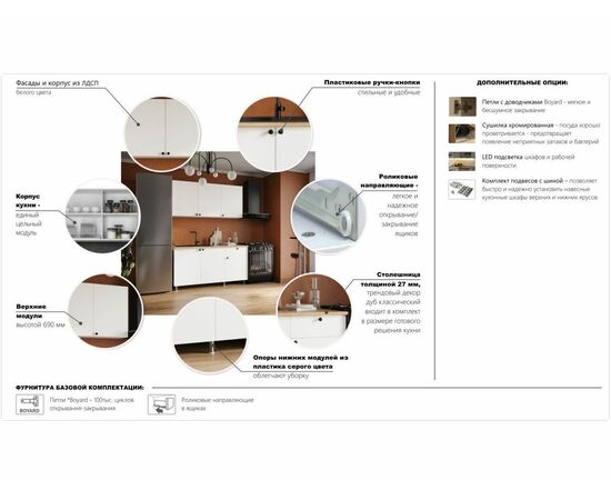Кухонный гарнитур «Ева» 180см, Белый шагрень (дуб классический), изображение 8 | Интернет магазин мебели и декора LifeDekor