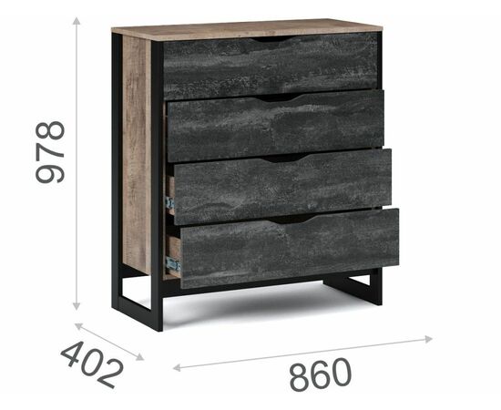 Комод «Стокгольм» 4ящ, Дуб гранж песочный/Железный камень, изображение 3 | Интернет магазин мебели и декора LifeDekor
