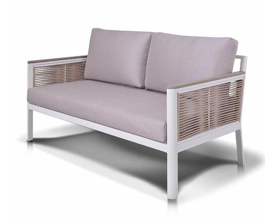 "Сан Ремо" диван 2-местный плетеный из роупа, каркас алюминий белый, роуп бежевый, ткань бежевая | Интернет магазин мебели и декора LifeDekor