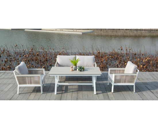 "Сан Ремо" диван 2-местный плетеный из роупа, каркас алюминий белый, роуп бежевый, ткань бежевая, изображение 5 | Интернет магазин мебели и декора LifeDekor