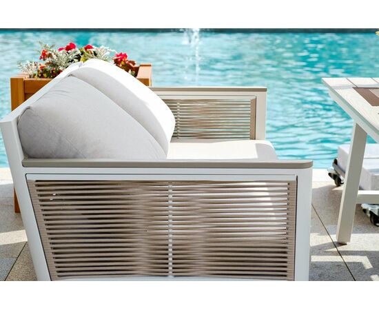 "Сан Ремо" диван 2-местный плетеный из роупа, каркас алюминий белый, роуп бежевый, ткань бежевая, изображение 8 | Интернет магазин мебели и декора LifeDekor