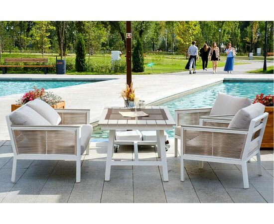 "Сан Ремо" диван 2-местный плетеный из роупа, каркас алюминий белый, роуп бежевый, ткань бежевая, изображение 12 | Интернет магазин мебели и декора LifeDekor