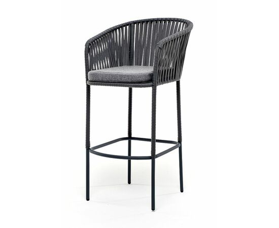 "Бордо" стул барный плетеный из роупа, каркас из стали серый (RAL7022) муар, роуп серый 15мм, ткань серая | Интернет магазин мебели и декора LifeDekor