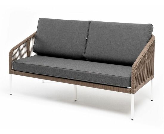 "Канны" диван 2-местный плетеный из роупа, каркас алюминий белый, роуп коричневый круглый, ткань серая | Интернет магазин мебели и декора LifeDekor