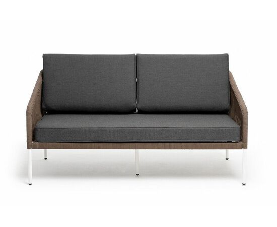 "Канны" диван 2-местный плетеный из роупа, каркас алюминий белый, роуп коричневый круглый, ткань серая, изображение 2 | Интернет магазин мебели и декора LifeDekor