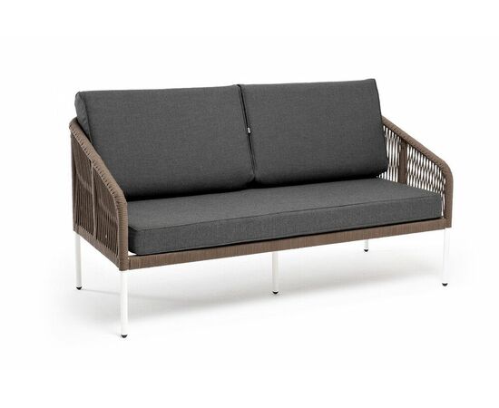 "Канны" диван 2-местный плетеный из роупа, каркас алюминий белый, роуп коричневый круглый, ткань серая, изображение 3 | Интернет магазин мебели и декора LifeDekor