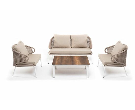 "Милан" лаунж-зона 4-местная плетеная из роупа (веревки), каркас алюминиевый белый, роуп бежевый | Интернет магазин мебели и декора LifeDekor