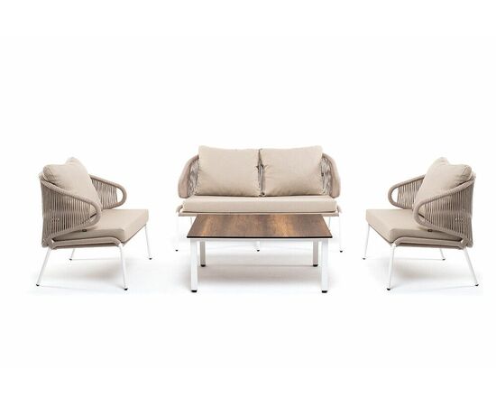 "Милан" лаунж-зона 4-местная плетеная из роупа (веревки), каркас алюминиевый белый, роуп бежевый, изображение 2 | Интернет магазин мебели и декора LifeDekor