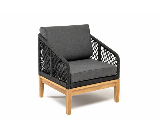 "Канны" кресло плетеное из роупа (узелки), основание дуб, роуп темно-серый круглый, ткань серая, изображение 3 | Интернет магазин мебели и декора LifeDekor