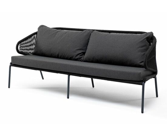 "Милан" диван 3-местный плетеный из роупа, каркас алюминий темно-серый (RAL7024) муар, роуп темно-серый круглый, ткань темно-серая 027 | Интернет магазин мебели и декора LifeDekor