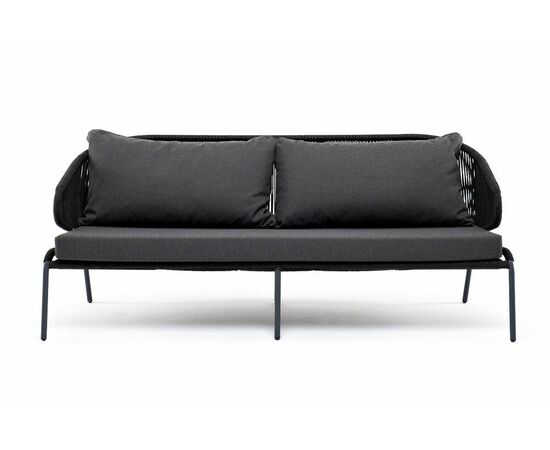 "Милан" диван 3-местный плетеный из роупа, каркас алюминий темно-серый (RAL7024) муар, роуп темно-серый круглый, ткань темно-серая 027, изображение 3 | Интернет магазин мебели и декора LifeDekor