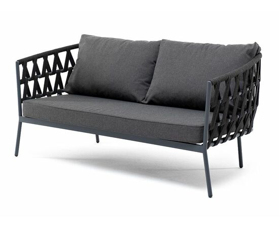 "Диего" диван 2-местный плетеный из роупа, каркас алюминий темно-серый (RAL7024) муар, роуп темно-серый круглый, ткань темно-серая 027 | Интернет магазин мебели и декора LifeDekor
