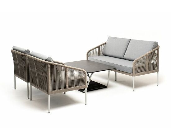 "Канны" лаунж-зона 4-местная из роупа со столом "Глория" (черный камень), каркас алюминиевый светло-серый, роуп салатовый меланж | Интернет магазин мебели и декора LifeDekor