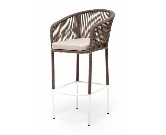 "Марсель" стул барный плетеный из роупа, каркас из стали белый муар, роуп коричневый круглый, ткань бежевая 052 | Интернет магазин мебели и декора LifeDekor