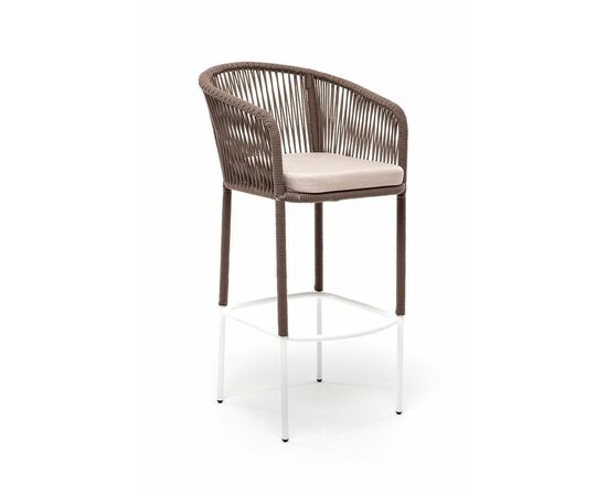 "Марсель" стул барный плетеный из роупа, каркас из стали белый муар, роуп коричневый круглый, ткань бежевая 052, изображение 2 | Интернет магазин мебели и декора LifeDekor