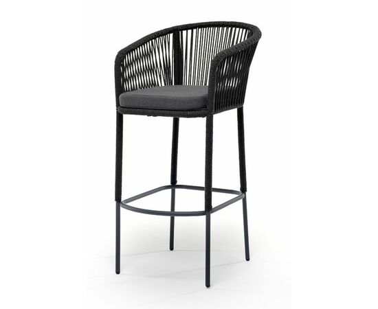 "Марсель" стул барный плетеный из роупа, каркас из стали серый (RAL7022) муар, роуп темно-серый круглый, ткань темно-серая 027 | Интернет магазин мебели и декора LifeDekor