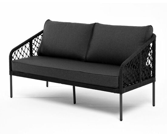 "Канны" диван 2-местный плетеный из роупа (узелки), каркас алюминий темно-серый (RAL7024) муар, роуп темно-серый круглый, ткань темно-серая 027 | Интернет магазин мебели и декора LifeDekor