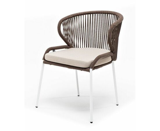 "Милан" стул плетеный из роупа, каркас алюминий белый муар, роуп коричневый круглый, ткань бежевая 052 | Интернет магазин мебели и декора LifeDekor