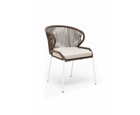 "Милан" стул плетеный из роупа, каркас алюминий белый муар, роуп коричневый круглый, ткань бежевая 052, изображение 2 | Интернет магазин мебели и декора LifeDekor