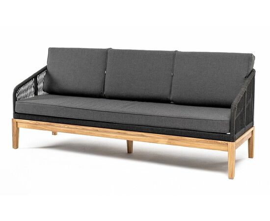 "Канны" диван 3-местный плетеный из роупа, основание дуб, роуп темно-серый круглый, ткань темно-серая 027 | Интернет магазин мебели и декора LifeDekor