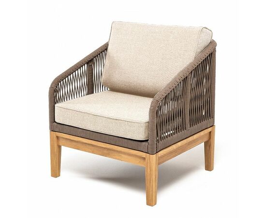 "Канны" кресло плетеное из роупа, основание дуб, роуп коричневый круглый, ткань бежевая 052 | Интернет магазин мебели и декора LifeDekor