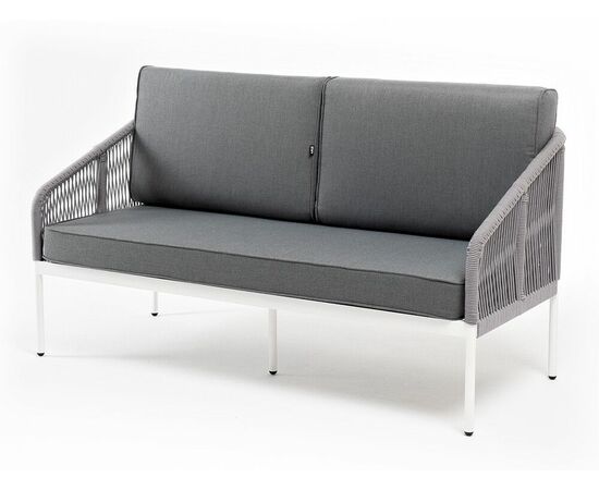 "Канны" диван 2-местный плетеный из роупа, каркас алюминий белый муар, роуп бежевый круглый, ткань бежевая 052 | Интернет магазин мебели и декора LifeDekor