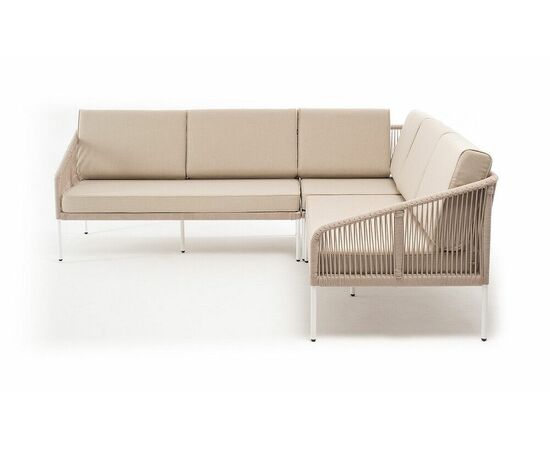 "Канны" диван модульный плетеный из роупа, каркас алюминий белый, роуп бежевый круглый, ткань бежевая 035 | Интернет магазин мебели и декора LifeDekor