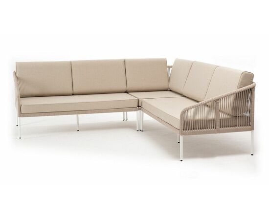"Канны" диван модульный плетеный из роупа, каркас алюминий белый, роуп бежевый круглый, ткань бежевая 035, изображение 2 | Интернет магазин мебели и декора LifeDekor