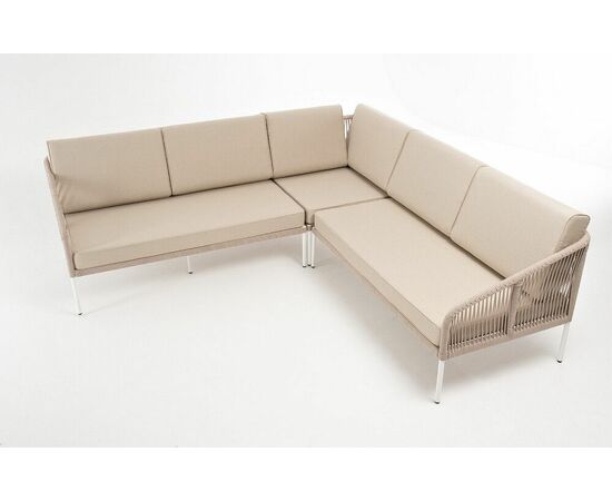 "Канны" диван модульный плетеный из роупа, каркас алюминий белый, роуп бежевый круглый, ткань бежевая 035, изображение 3 | Интернет магазин мебели и декора LifeDekor