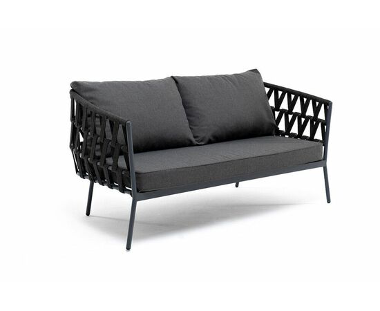 "Диего" диван 2-местный плетеный из роупа, каркас алюминий белый муар, роуп бежевый круглый, ткань бежевая 052, изображение 2 | Интернет магазин мебели и декора LifeDekor