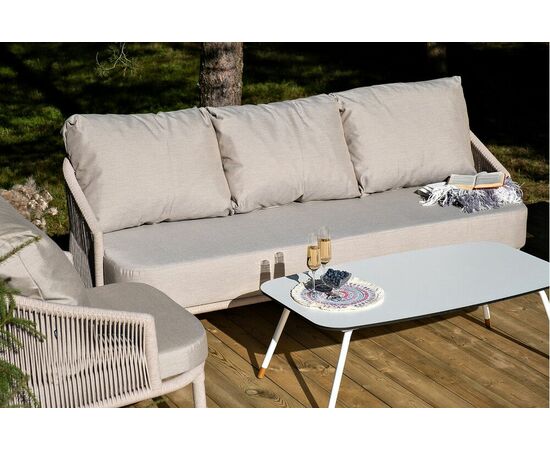 "Верона" диван 3-местный плетеный из роупа, каркас алюминий белый муар, роуп бежевый круглый, ткань бежевая 052 | Интернет магазин мебели и декора LifeDekor