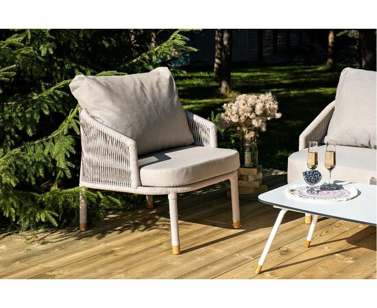 "Верона" кресло плетеное из роупа, каркас алюминий белый муар, роуп бежевый круглый, ткань бежевая 052 | Интернет магазин мебели и декора LifeDekor