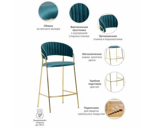 Комплект из 2-х стульев полубарных Turin бирюзовый с золотыми ножками, изображение 9 | Интернет магазин мебели и декора LifeDekor