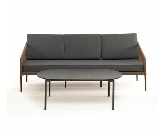 "Канны" диван 3-местный плетеный из роупа, каркас алюминий темно-серый (RAL7024) шагрень, роуп темно-серый круглый, ткань темно-серая 019 | Интернет магазин мебели и декора LifeDekor