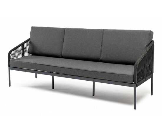 "Канны" диван 3-местный плетеный из роупа, каркас алюминий темно-серый (RAL7024) шагрень, роуп темно-серый круглый, ткань темно-серая 019, изображение 2 | Интернет магазин мебели и декора LifeDekor