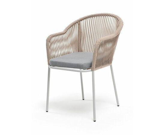 "Лион" стул плетеный из роупа, каркас из стали светло-серый (RAL7035) муар, роуп бежевый круглый, ткань светло-серая | Интернет магазин мебели и декора LifeDekor
