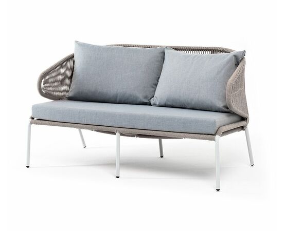 "Милан" диван 2-местный плетеный из роупа, каркас алюминий светло-серый (RAL7035) муар, роуп серый меланж круглый, ткань светло-серая | Интернет магазин мебели и декора LifeDekor