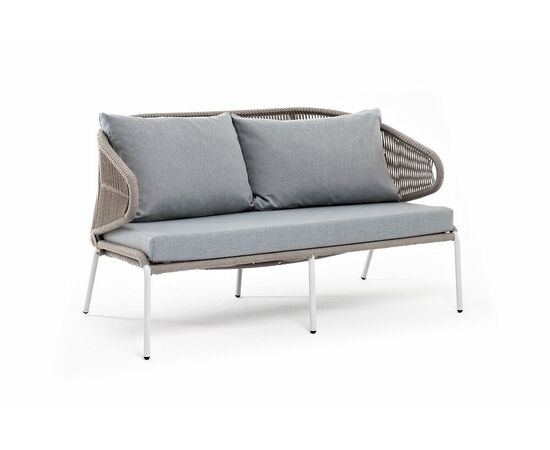 "Милан" диван 2-местный плетеный из роупа, каркас алюминий светло-серый (RAL7035) муар, роуп серый меланж круглый, ткань светло-серая, изображение 3 | Интернет магазин мебели и декора LifeDekor