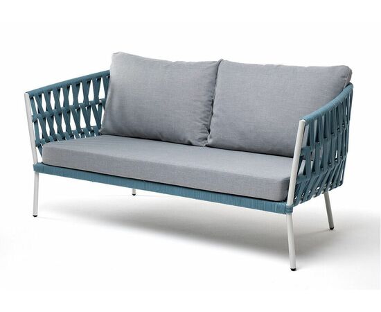 "Диего" диван 2-местный плетеный из роупа, каркас алюминий светло-серый (RAL7035) муар, роуп бирюзовый круглый, ткань светло-серая | Интернет магазин мебели и декора LifeDekor