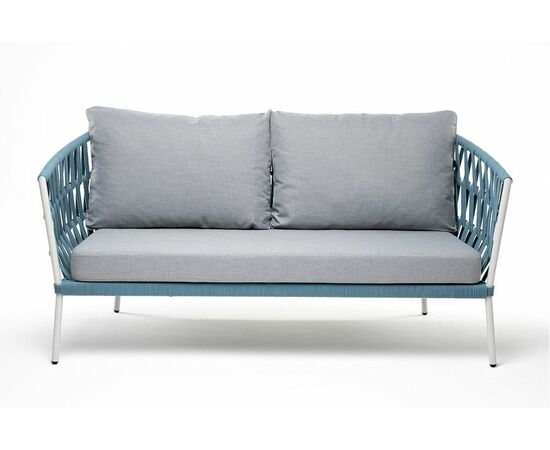 "Диего" диван 2-местный плетеный из роупа, каркас алюминий светло-серый (RAL7035) муар, роуп бирюзовый круглый, ткань светло-серая, изображение 2 | Интернет магазин мебели и декора LifeDekor