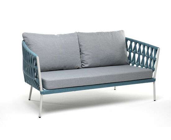 "Диего" диван 2-местный плетеный из роупа, каркас алюминий светло-серый (RAL7035) муар, роуп бирюзовый круглый, ткань светло-серая, изображение 3 | Интернет магазин мебели и декора LifeDekor