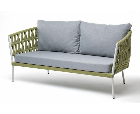 "Диего" диван 2-местный плетеный из роупа, каркас алюминий светло-серый (RAL7035) муар, роуп салатовый меланж круглый, ткань светло-серая | Интернет магазин мебели и декора LifeDekor