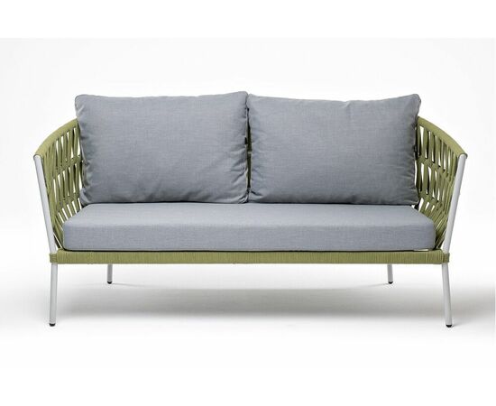 "Диего" диван 2-местный плетеный из роупа, каркас алюминий светло-серый (RAL7035) муар, роуп салатовый меланж круглый, ткань светло-серая, изображение 2 | Интернет магазин мебели и декора LifeDekor