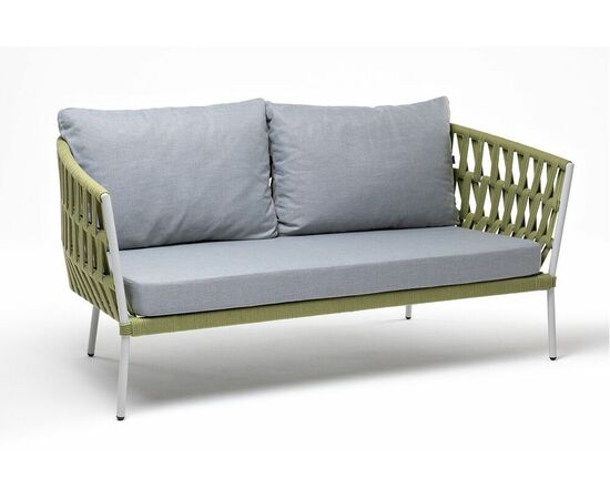 "Диего" диван 2-местный плетеный из роупа, каркас алюминий светло-серый (RAL7035) муар, роуп салатовый меланж круглый, ткань светло-серая, изображение 3 | Интернет магазин мебели и декора LifeDekor