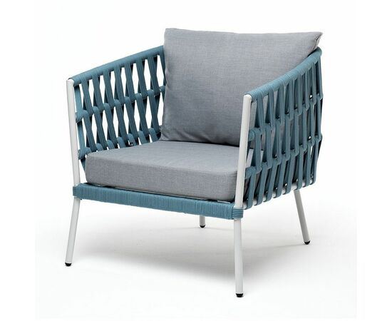 "Диего" кресло плетеное из роупа, каркас алюминий светло-серый (RAL7035) муар, роуп бирюзовый круглый, ткань светло-серая | Интернет магазин мебели и декора LifeDekor