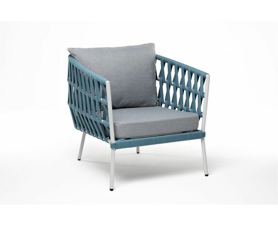 "Диего" кресло плетеное из роупа, каркас алюминий светло-серый (RAL7035) муар, роуп бирюзовый круглый, ткань светло-серая, изображение 3 | Интернет магазин мебели и декора LifeDekor