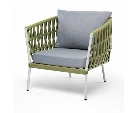 "Диего" кресло плетеное из роупа, каркас алюминий светло-серый (RAL7035) муар, роуп салатовый меланж круглый, ткань светло-серая | Интернет магазин мебели и декора LifeDekor