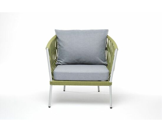 "Диего" кресло плетеное из роупа, каркас алюминий светло-серый (RAL7035) муар, роуп салатовый меланж круглый, ткань светло-серая, изображение 2 | Интернет магазин мебели и декора LifeDekor