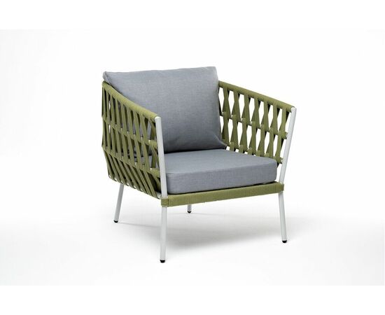 "Диего" кресло плетеное из роупа, каркас алюминий светло-серый (RAL7035) муар, роуп салатовый меланж круглый, ткань светло-серая, изображение 3 | Интернет магазин мебели и декора LifeDekor