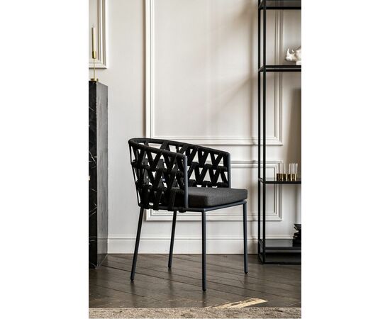 "Диего" стул плетеный из роупа, каркас из стали серый (RAL7022) муар, роуп темно-серый круглый, ткань темно-серая 027, изображение 11 | Интернет магазин мебели и декора LifeDekor